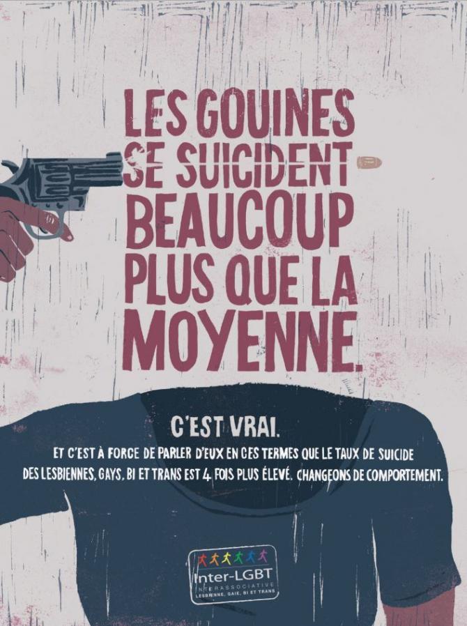 Texte : les gouines se suicident beaucoup plus que la moyenne, c&#039;est vrai et c&#039;est à force de parler d&#039;eux en ces termes que le taux de suicide des lesbiennes, gays, bi et trans est 4 fois plus élevé. Changeons de comportement.
Un torse de femme, un pistolet pointé vers l&#039;espace vide de la tête qui a disparu.